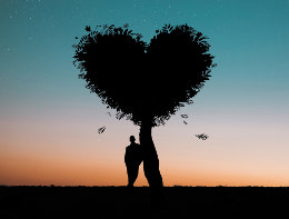 man alone with hearts shaped tree